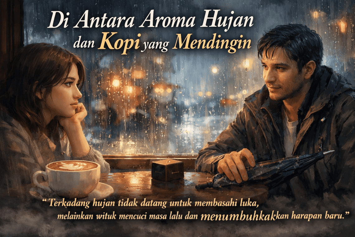 Seorang wanita duduk di kafe saat hujan menunggu mantan kekasih