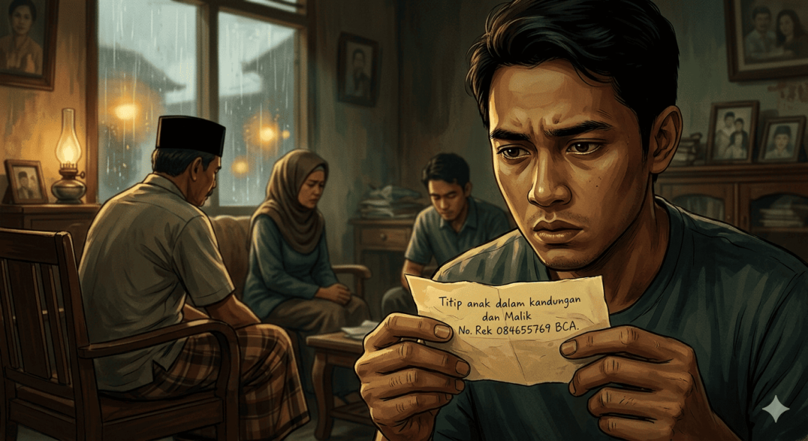 Pria menatap secarik kertas wasiat di tengah suasana rumah duka yang gelap dan muram, ilustrasi cerpen Artikelana