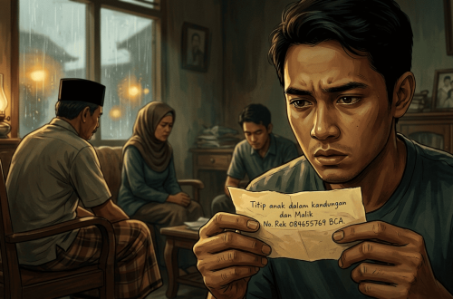 Pria menatap secarik kertas wasiat di tengah suasana rumah duka yang gelap dan muram, ilustrasi cerpen Artikelana