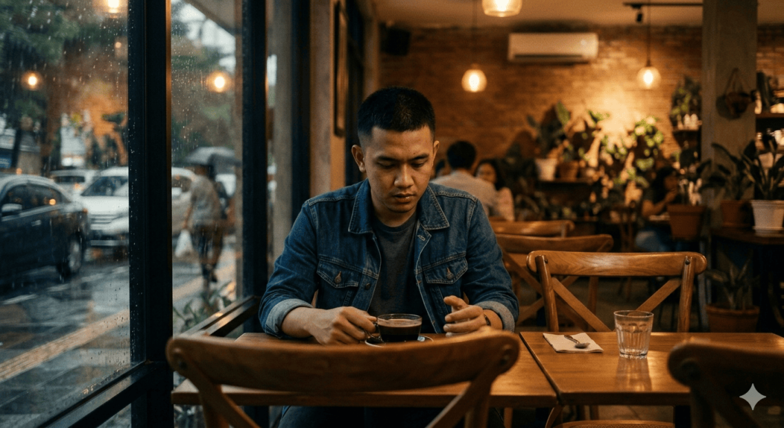 Pria termenung sendirian di kafe setelah putus cinta, ilustrasi cerpen Ruang Fiksi Artikelana.