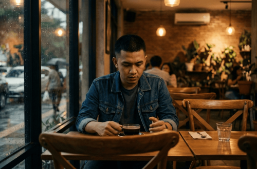 Pria termenung sendirian di kafe setelah putus cinta, ilustrasi cerpen Ruang Fiksi Artikelana.