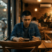 Pria termenung sendirian di kafe setelah putus cinta, ilustrasi cerpen Ruang Fiksi Artikelana.