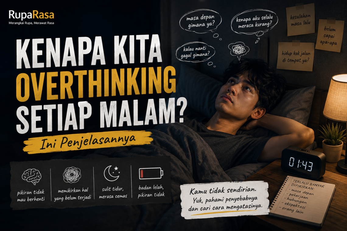 Ilustrasi overthinking setiap malam dan sulit tidur pada anak muda.